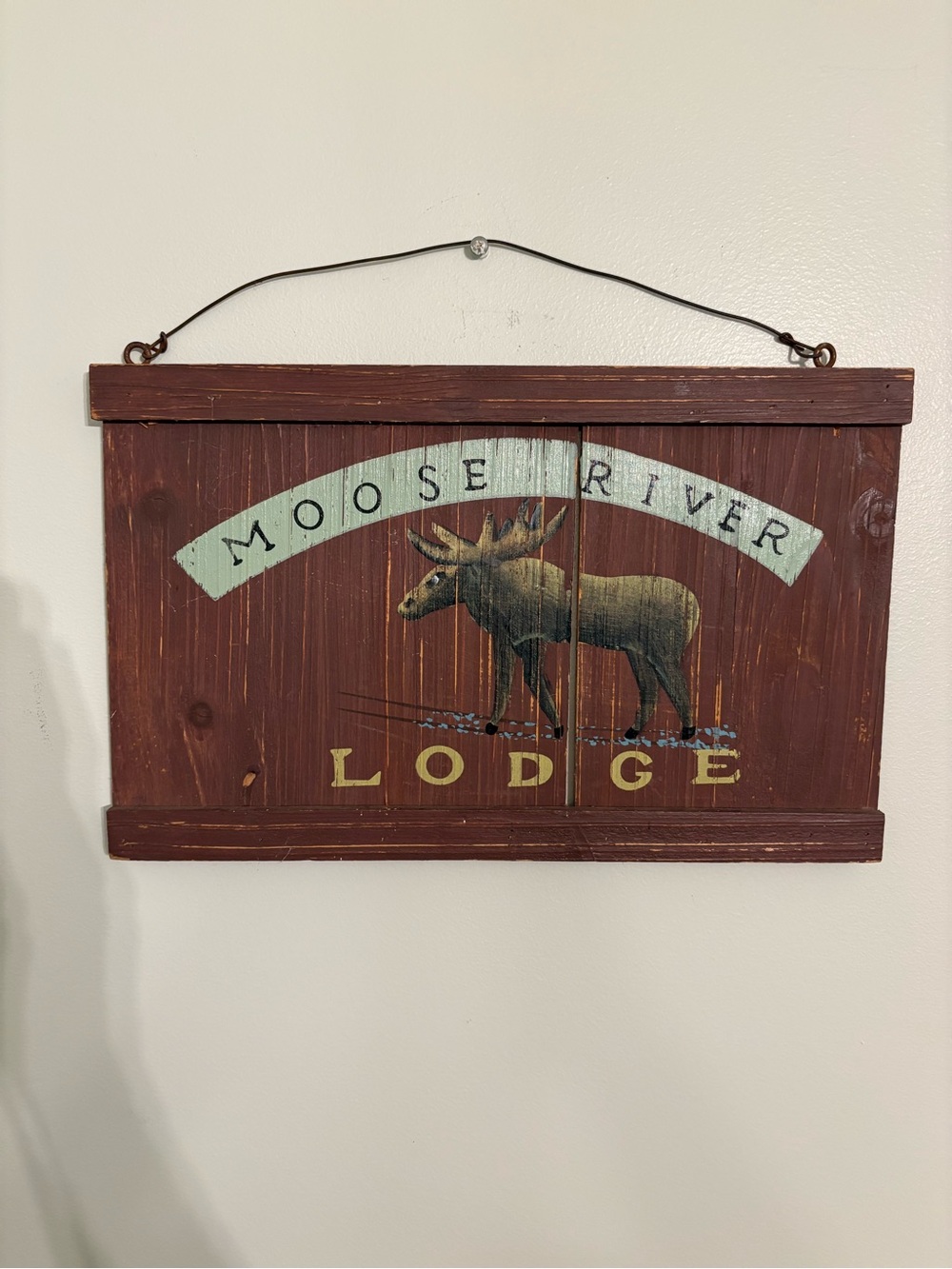 Vintage Moose River Lodge Hand Painted Wood Sign Rustic Cabin Wall Art 16x10"